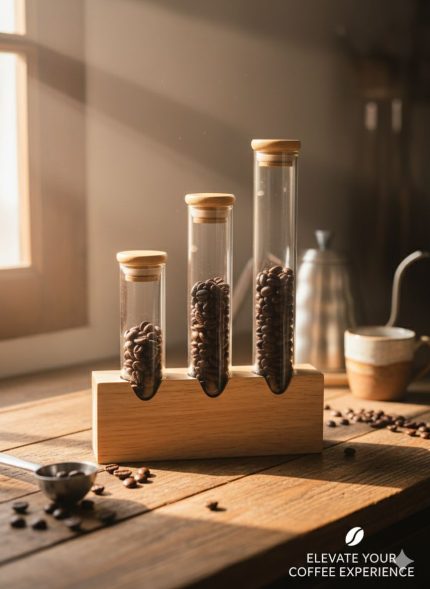 3 Piece Set Coffee Bean Storage with Bamboo Stand 105ml, 85ml, and 65ml