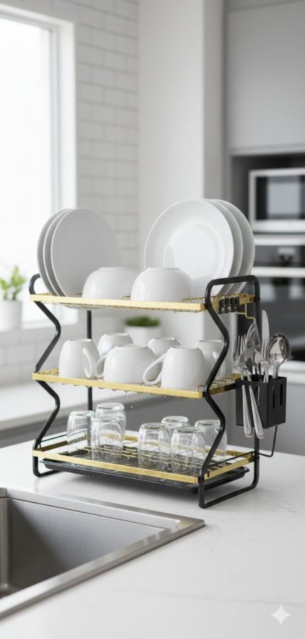 3 Layers Dish Drying Rack - Black and Gold