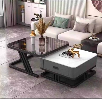 Real Marble and Glass Twin Center Table with Drawer