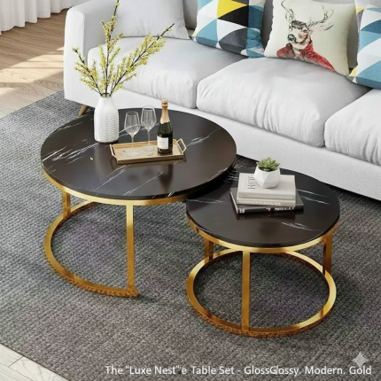 Real Marble Twin Center Table 80cm and 60cm - Black Gold Legs