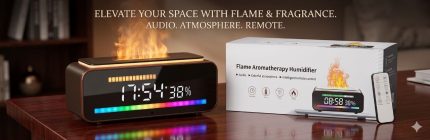 Flame Aromatherapy Humidifier with Remote Control, Digital Display and Bluetooth Speaker